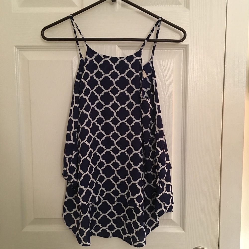 Blue and White Ruffle Tiered Tank